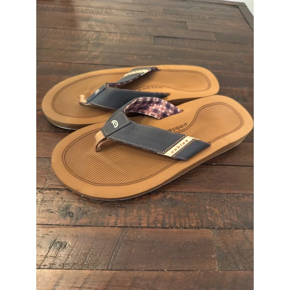 Cobian Mens Flip Flop Sandals Brown Blue Plaid Lining Size 12 Beach Casual